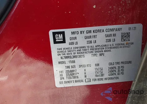 2021 Chevrolet Trailblazer Awd Lt из США, поврежденный, VIN KL79MRSL3MB139215